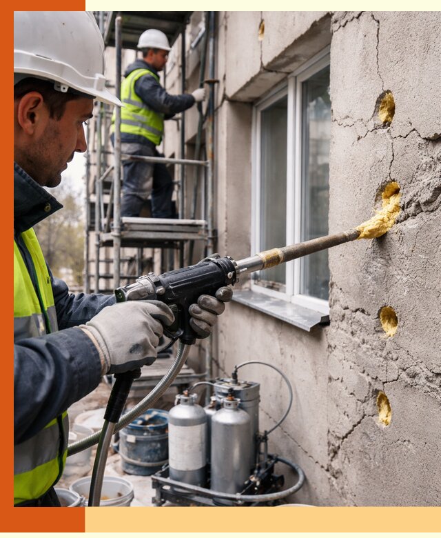 Заполнение пустот в фасаде и утепление стен в Курске